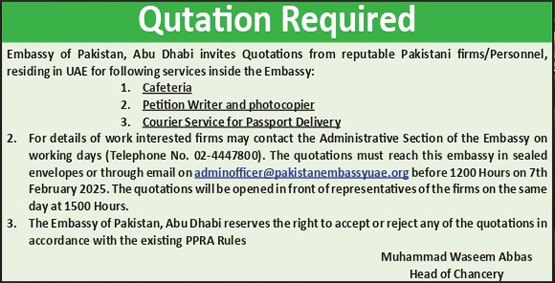 Embassy of Pakistan, Abu Dhabi invites Quotations